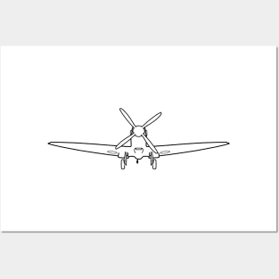 Vintage Supermarine Spitfire fighter aircraft wheels down outline graphic (black) Posters and Art